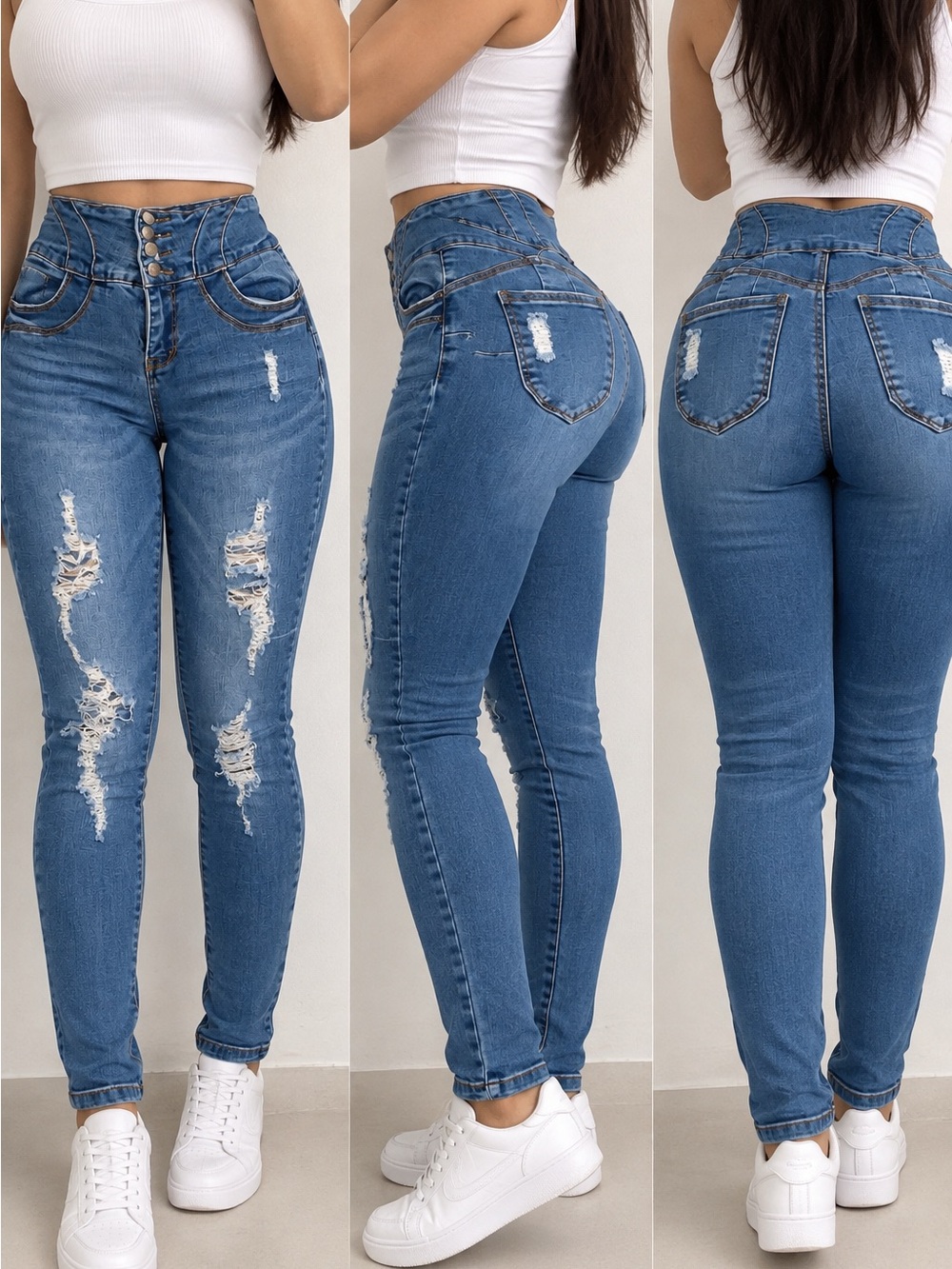 High-Rise Distressed Blue Skinny Jeans for Women